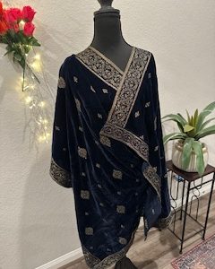 Elegant Blue and Golden Velvet Shawl
