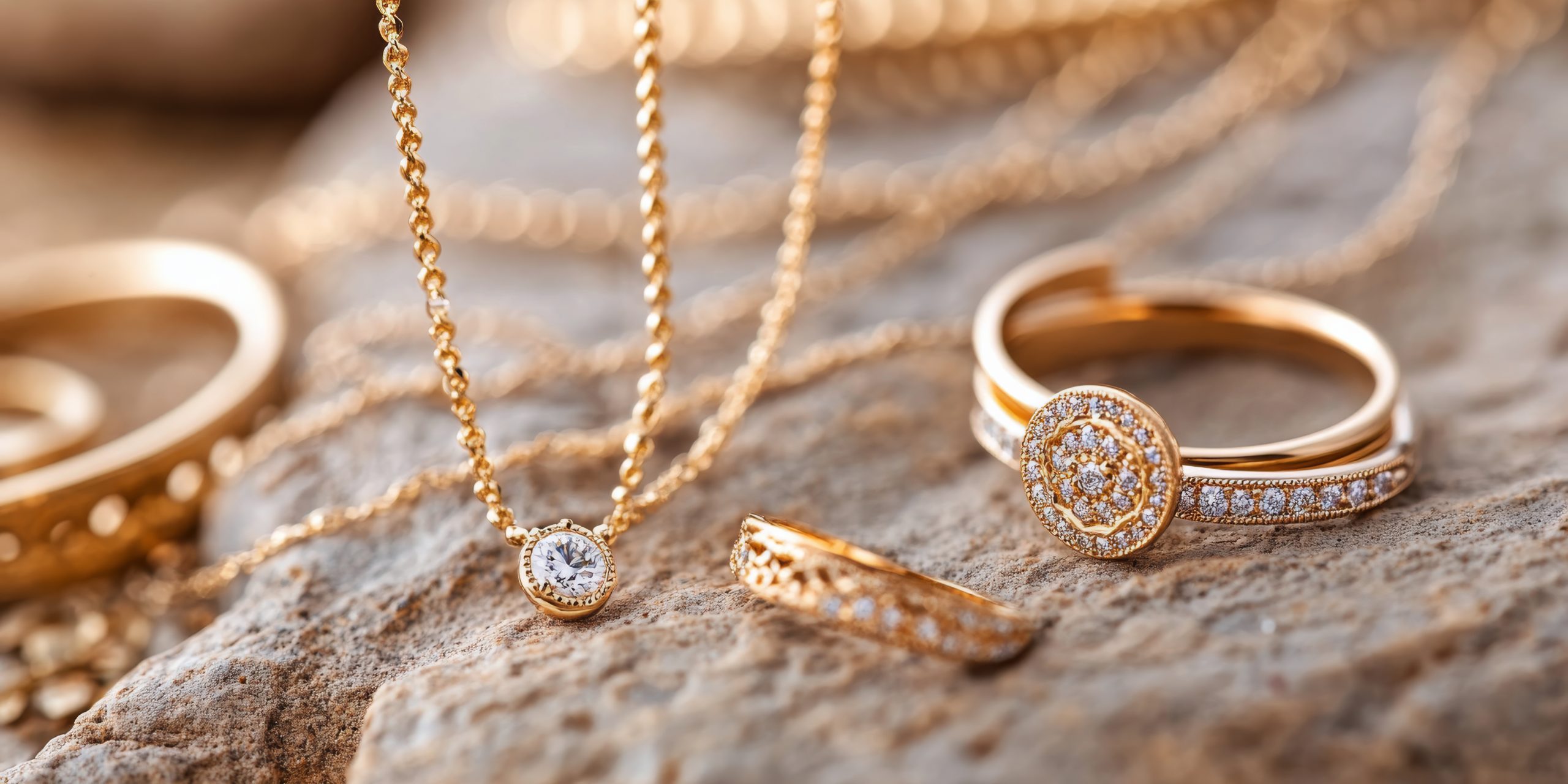 An assortment of gold jewelry pieces, including rings and necklaces, are beautifully arranged on a rock